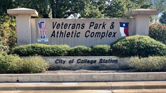 College Station's Veterans Park Harvey Road entrance sign, October 6 2020.