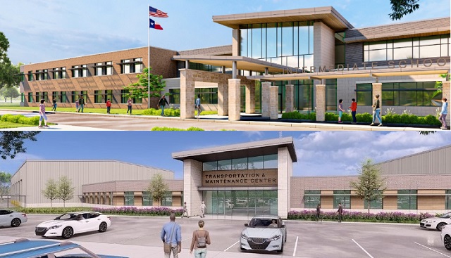 Bryan ISD images of architect renderings of (top) intermediate school 3 and (bottom) the new transportation and maintenance complex, presented during the November 16, 2020 BISD school board meeting.