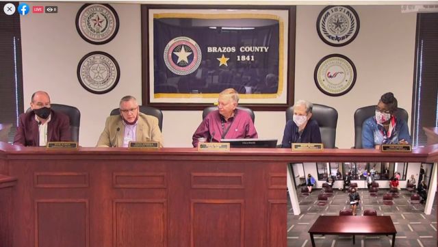 Screen shot from the video feed of the November 10, 2020 Brazos County commission meeting (L-R) Steve Aldrich, Chuck Konderla, Duane Peters, Nancy Berry, and Irma Cauley.