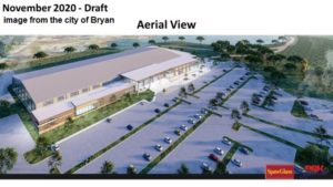 Image from the city of Bryan of the exterior design of the Legends Events Center as presented to the city council on November 23, 2020.