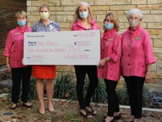 Photo courtesy of CHI St. Joseph Health of the check presentation to members of the Pink Alliance breast cancer support organization on November 12, 2020 (L-R) Kay McWhorter, Heather Bush, Jeannie Kipp, Doris Light, and Debbie Dunlap.