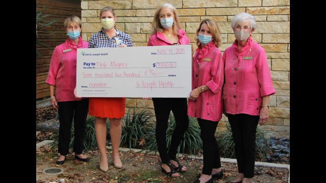 Photo courtesy of CHI St. Joseph Health of the check presentation to members of the Pink Alliance breast cancer support organization on November 12, 2020 (L-R) Kay McWhorter, Heather Bush, Jeannie Kipp, Doris Light, and Debbie Dunlap.