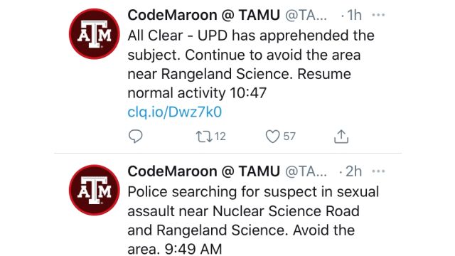 Screen shots from Texas A&M's Code Maroon Twitter account.