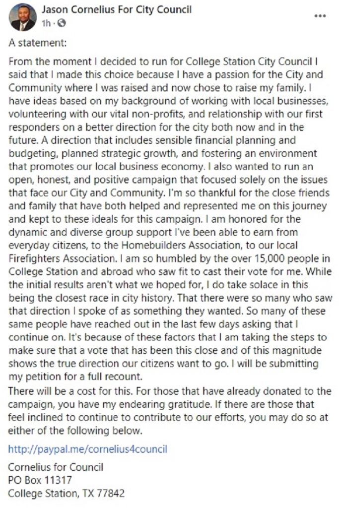 Screen shot from the Facebook page "Jason Cornelius For City Council".