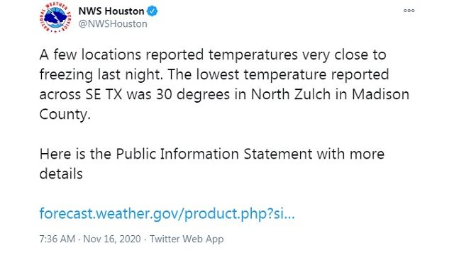 Screen shot from the @NWSHouston Twitter account.
