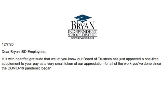 Screen shot from a letter sent to Bryan ISD employees, December 7 2020.