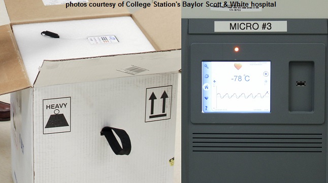 Photos courtesy of College Station's Baylor Scott & White hospital of (L) the package of the first delivery of coronavirus vaccine and (R) the freezer that is holding the vaccine.