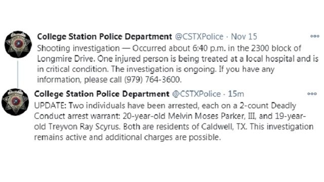 Screen shots from the College Station police department's Twitter account.