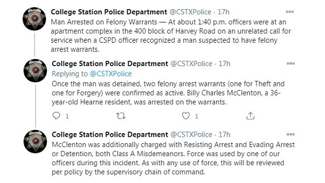 Screen shots from the College Station police department's Twitter account.