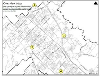 Image from the city of College Station showing the four locations of converting greenway space into dedicated parkland as approved by the city council on November 23, 2020.