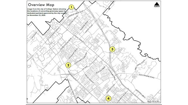 Image from the city of College Station showing the four locations of converting greenway space into dedicated parkland as approved by the city council on November 23, 2020.