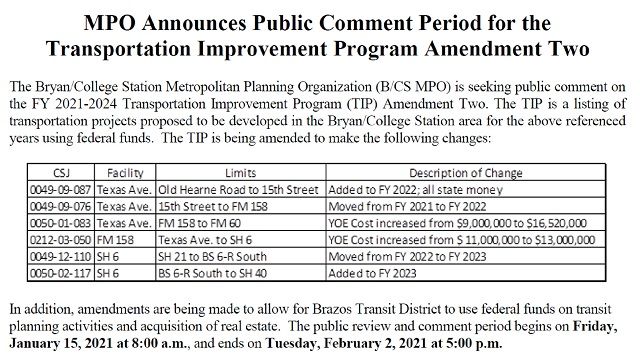 Screen shot of a table produced by the Bryan/College Station metropolitan planning organization.