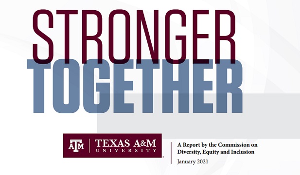 Screen shot of the cover page of the report from the Texas A&M commission on diversion, equity, and inclusion.