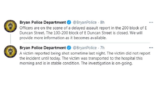 Screen shots from the Bryan police department's Twitter account.