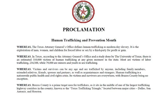 Screen shot from the proclamation issued during the January 5, 2021 Brazos County commission meeting.
