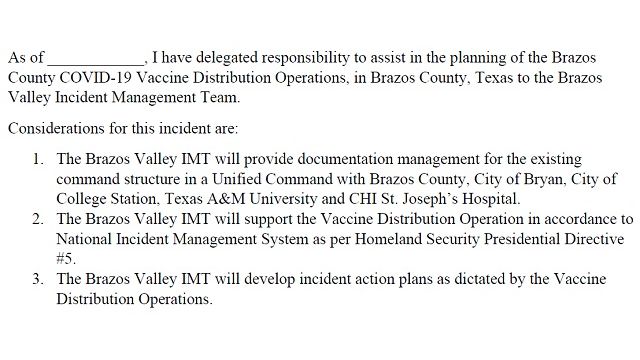 Screen shot from a document approved at the January 26, 2021 Brazos County commission meeting.