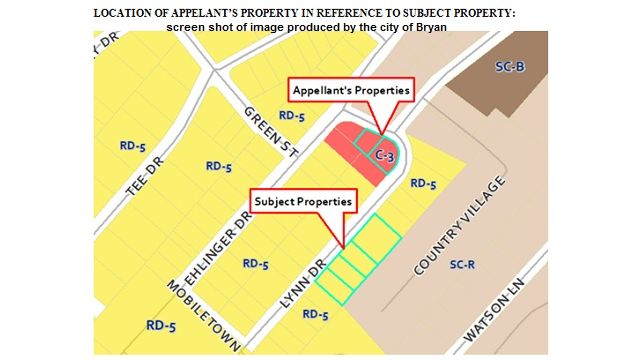 Screen shot of image from the city of Bryan showing the location of new townhomes and the location of property owned by the appellant, both south of Bryan's midtown park.
