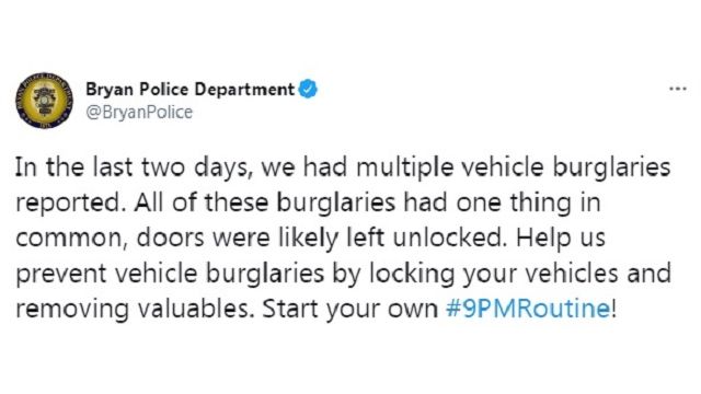 Screen shot from the Bryan police department's Twitter account.