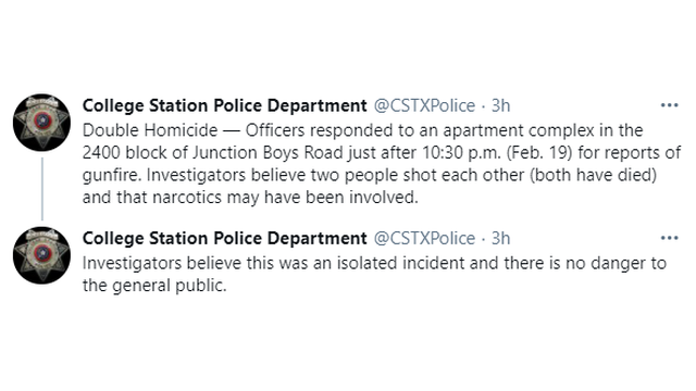 Screen shots from the College Station police department's Twitter account.