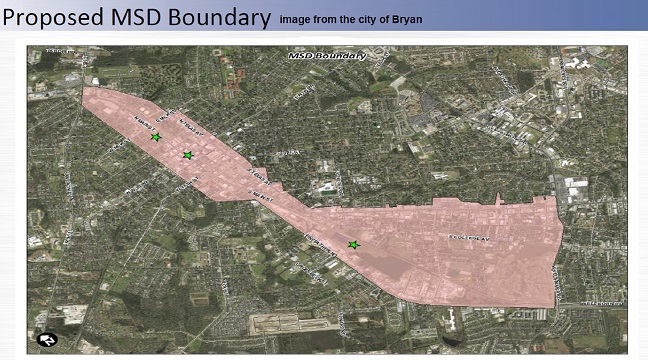 Image from the city of Bryan showing the proposed MSD area where new water wells up to 100 feet would be banned.