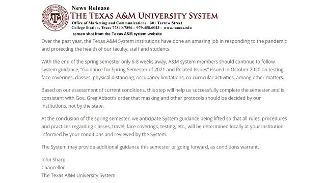 Screen shot from the Texas A&M system website.