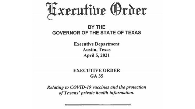 Screen shot from Governor Abbott's executive order GA 35.