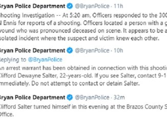 Screen shot of tweets from the Bryan police department's Twitter account.