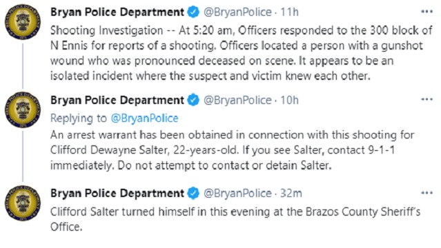 Screen shot of tweets from the Bryan police department's Twitter account.