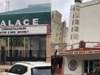 Congratulatory messages on the marquees of downtown Bryan's Palace and Queen theaters, April 7 2021.