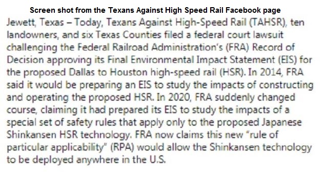 Screen shot from the Texans Against High Speed Rail Facebook page.