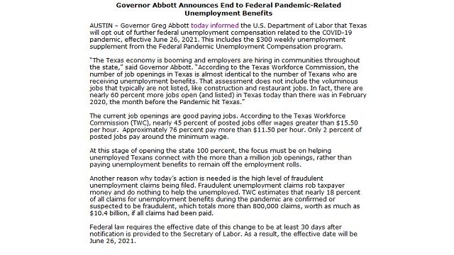 Screen shot of the news release issued by Governor Abbott, May 17, 2021.