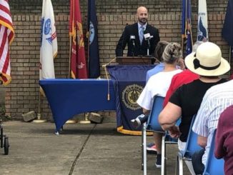 Brazos County health authority and retired Navy surgeon Dr. Seth Sullivan speaking at the Bryan/College Station Memorial Day program, May 31, 2021.