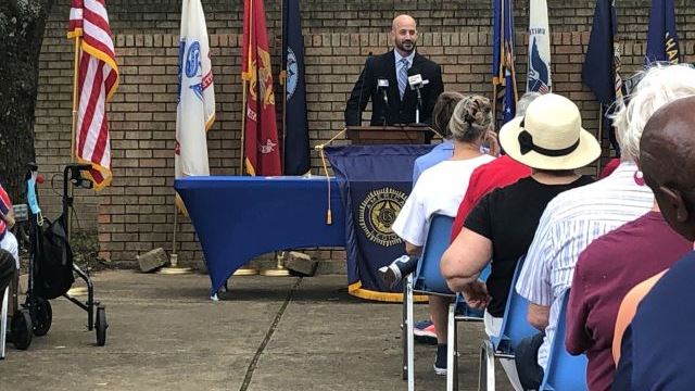 Brazos County health authority and retired Navy surgeon Dr. Seth Sullivan speaking at the Bryan/College Station Memorial Day program, May 31, 2021.