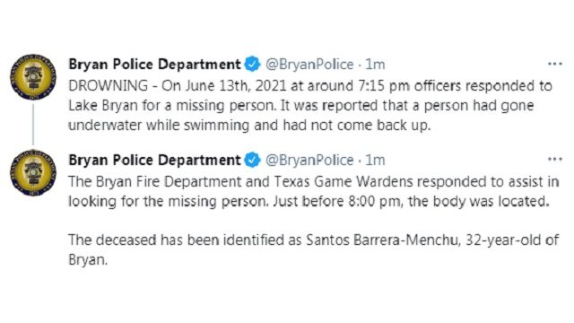 Screen shots from the Bryan police department's Twitter account.