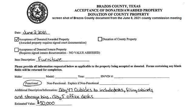 Screen shot from a Brazos County document from the June 8, 2021 county commission meeting.