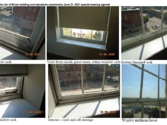 Images of window conditions at the LaSalle Hotel in downtown Bryan from the agenda of the June 21, 2021 meeting of the Bryan Building and Standards Commission.