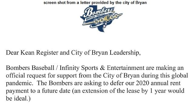 Screen shot from a letter provided by the city of Bryan.