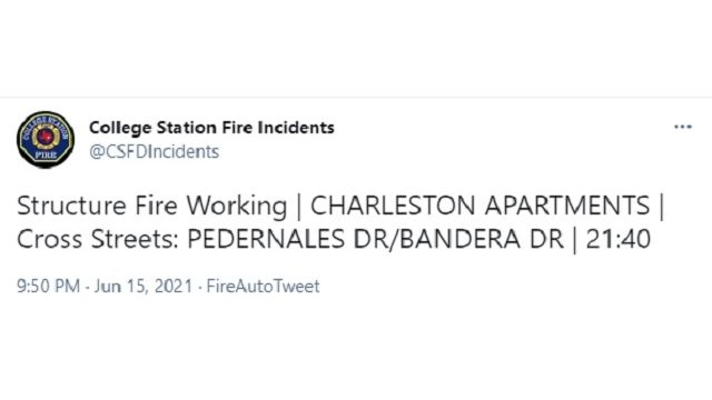 Screen shot from the College Station fire department's Twitter account @CSFDincidents.