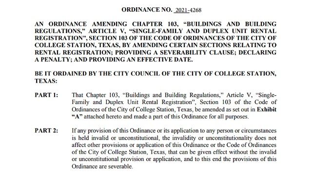 Screen shot from the amended College Station rental registration ordinance that was passed by the city council June 10, 2021.