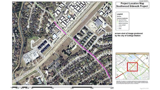 Screen shot of an image produced by the city of College Station, showing the route of a new sidewalk along Southwood Drive.