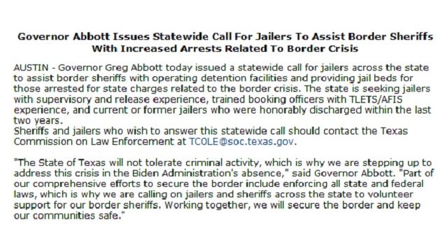 Screen shot from a news release sent from Governor Abbott's offi