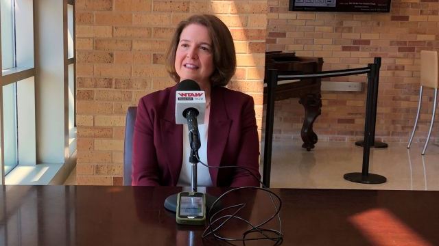 Texas A&M president Katherine Banks visiting with local reporters June 16, 2021 inside the A&M Memorial Student Center.