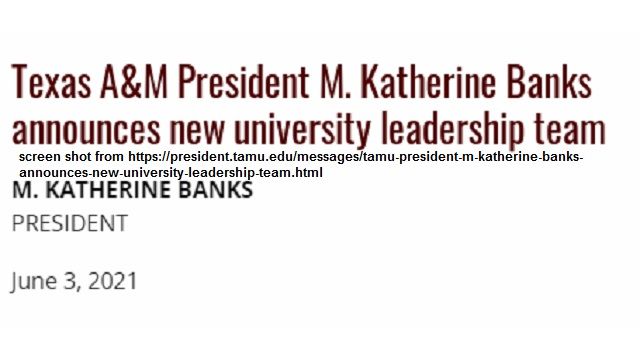 Screen shot from https://president.tamu.edu/messages/tamu-president-m-katherine-banks-announces-new-university-leadership-team.html