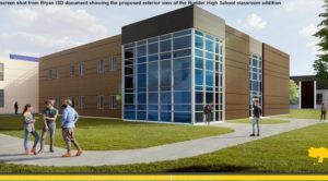 Screen shot from a Bryan ISD document showing the proposed exterior view of the Rudder High School classroom addition.