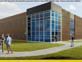 Screen shot from a Bryan ISD document showing the proposed exterior view of the Rudder High School classroom addition.