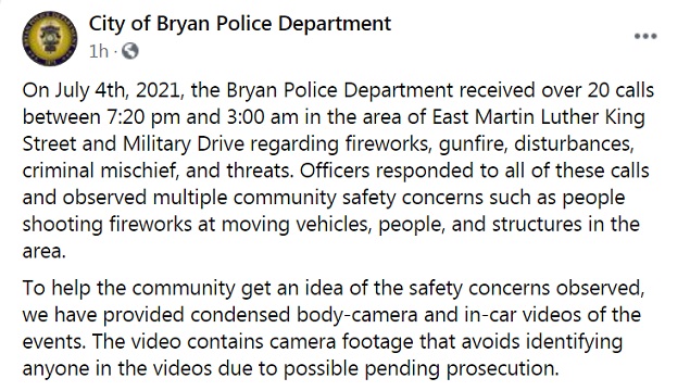 Screen shot from the Bryan police department's Facebook page.