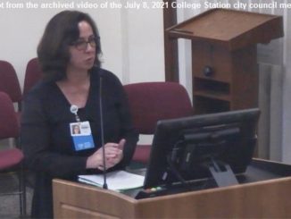 Screen shot from the July 8, 2021 College Station city council meeting video stream of Terri Sabella.