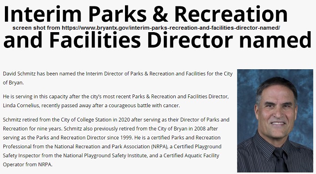 Screen shot from https://www.bryantx.gov/interim-parks-recreation-and-facilities-director-named/