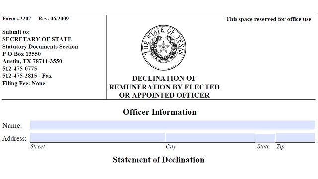 Screen shot from the form used to return or decline salaries and per diems, provided by the Texas comptroller's office.