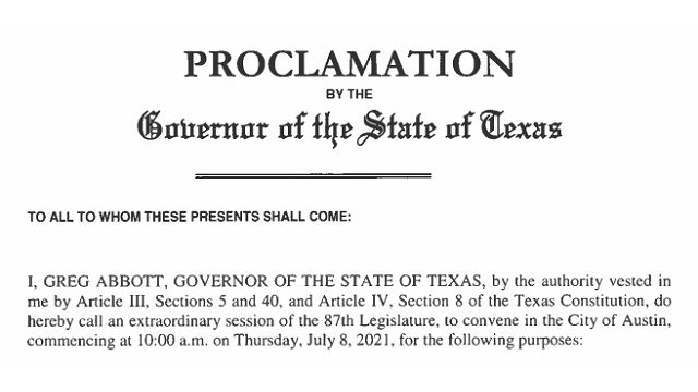 Screen shot from Governor Abbott's proclamation issued July 7, 2021.